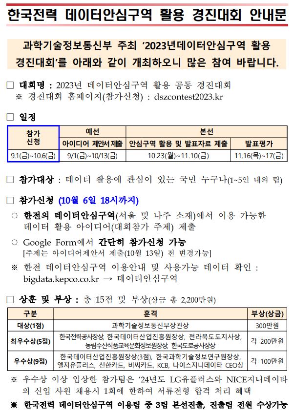 한국전력 데이터안심구역 활용 경진대회 안내문